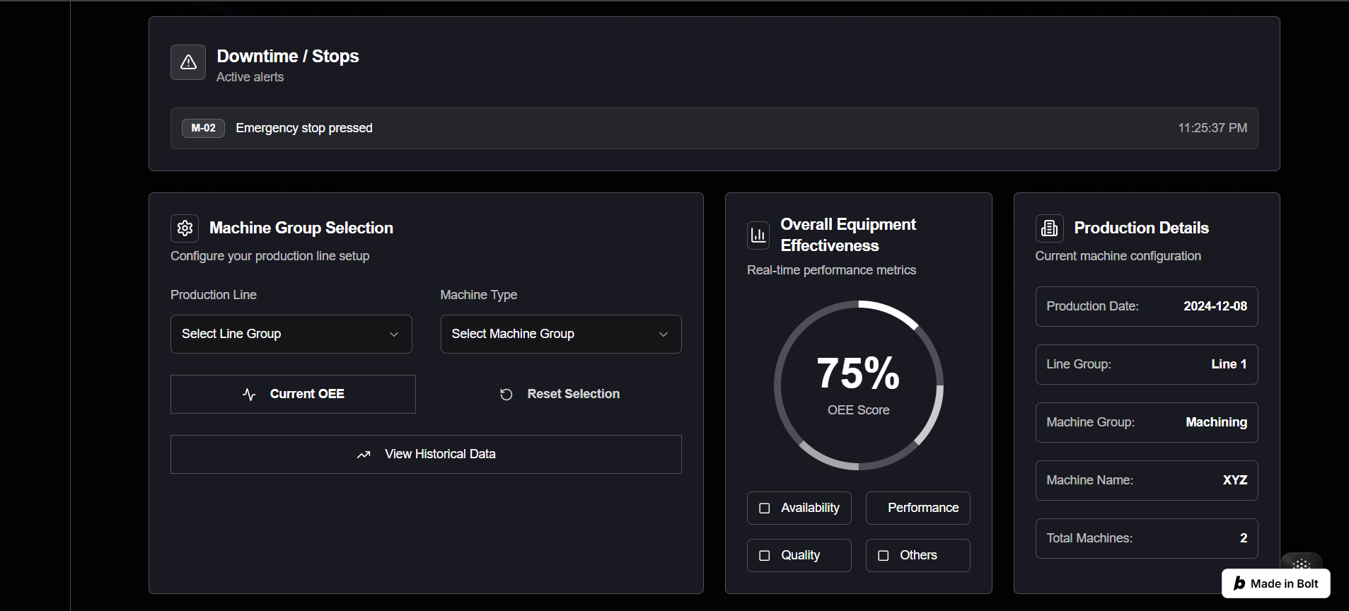 Dashboard OEE - Configuration machines